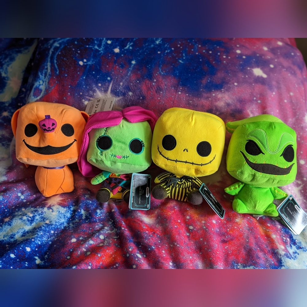 Set of 4 8" Disney Funko Nightmare Before Christmas Neon Blacklight Plushies